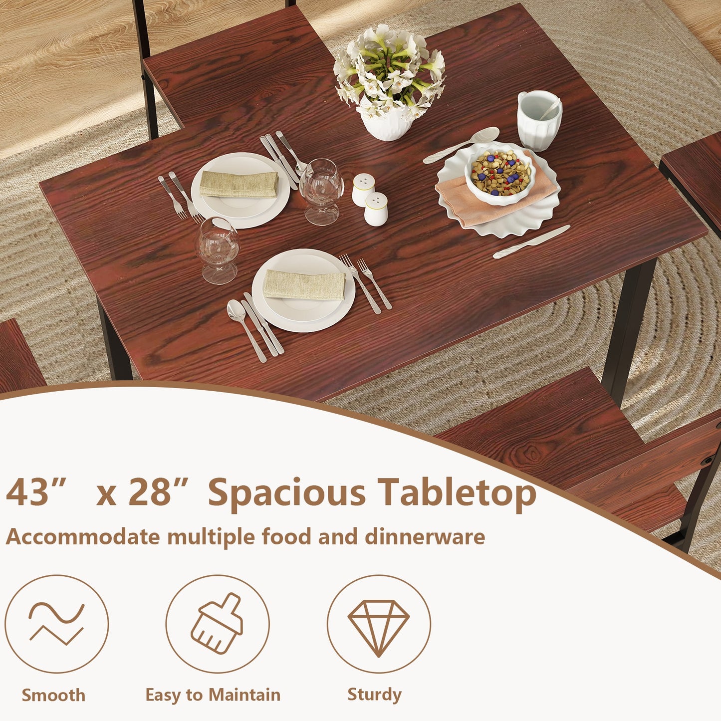 Modern 5 Piece Dining Table Set with Metal Frame and Wood Grain Finish - Walnut