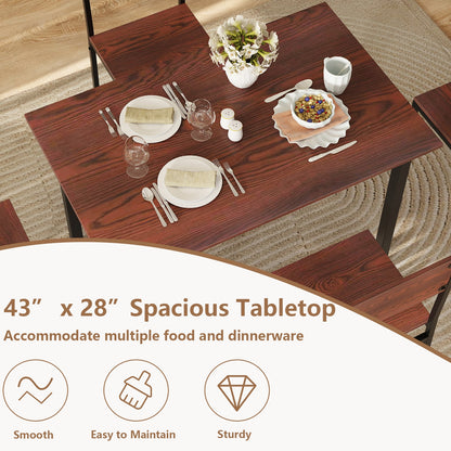Modern 5 Piece Dining Table Set with Metal Frame and Wood Grain Finish - Walnut
