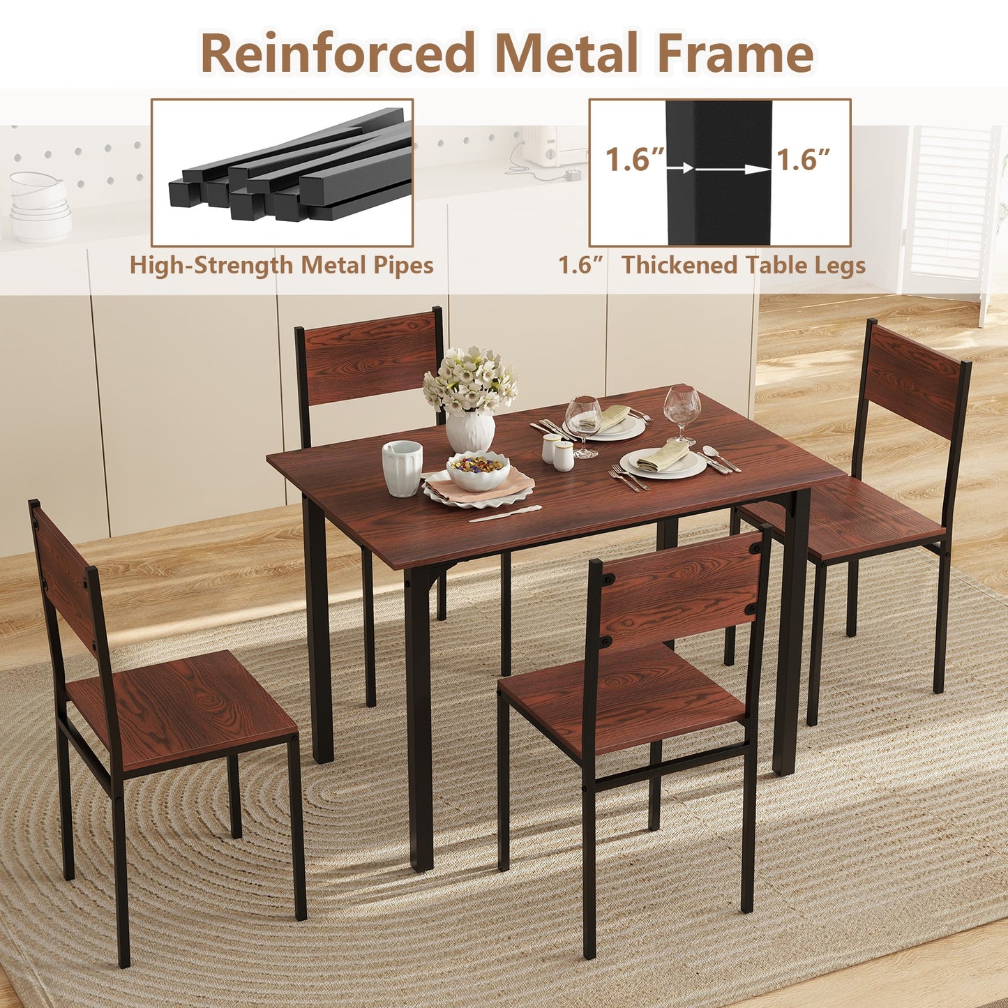 Modern 5 Piece Dining Table Set with Metal Frame and Wood Grain Finish - Walnut