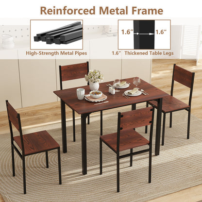 Modern 5 Piece Dining Table Set with Metal Frame and Wood Grain Finish - Walnut