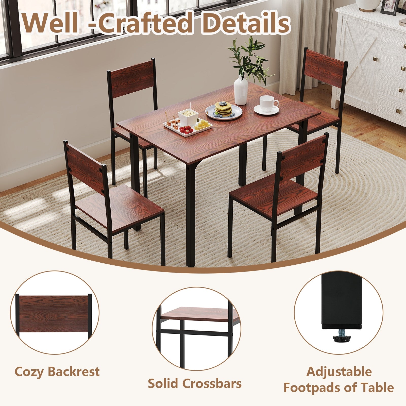 Dining table set with chairs in a room setting, highlighting 'Well-Crafted Details' with close-ups of features.