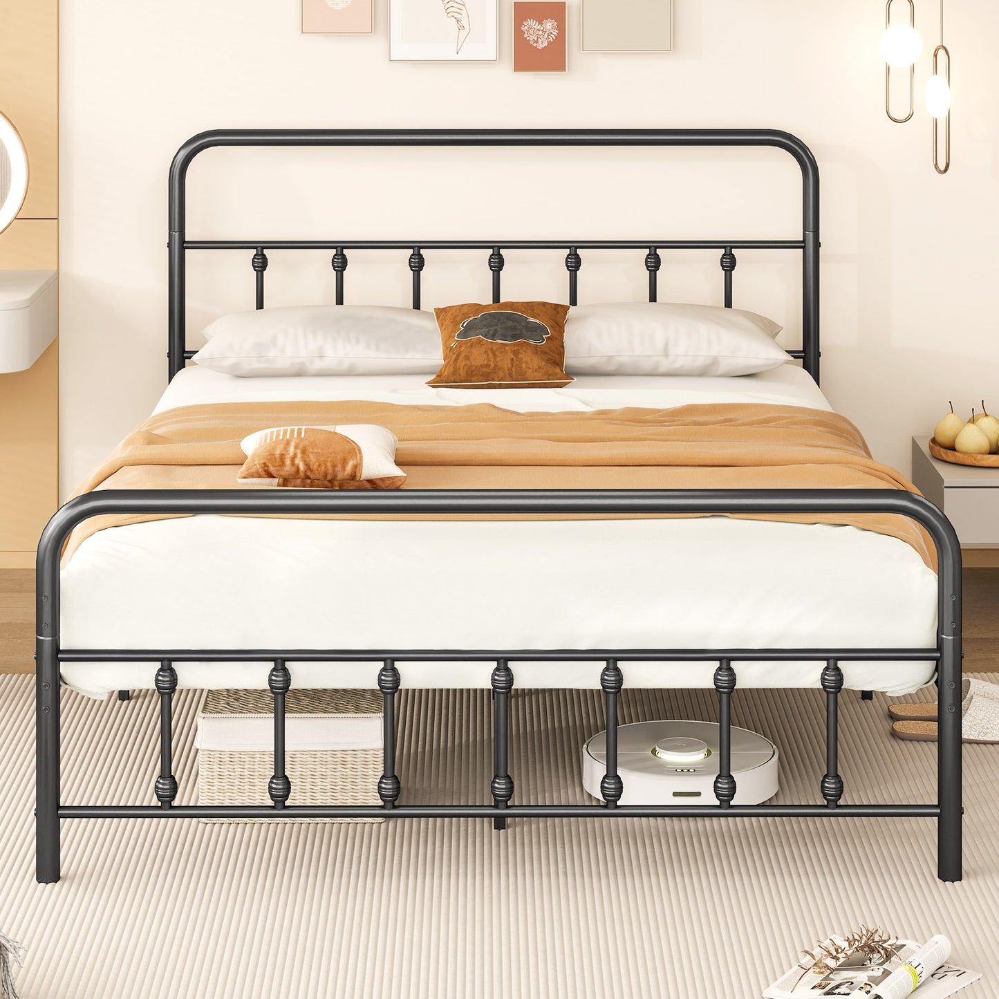 Victorian Style Metal Bed Frame with Headboard and 12.5" Underbed Storage – Queen Size