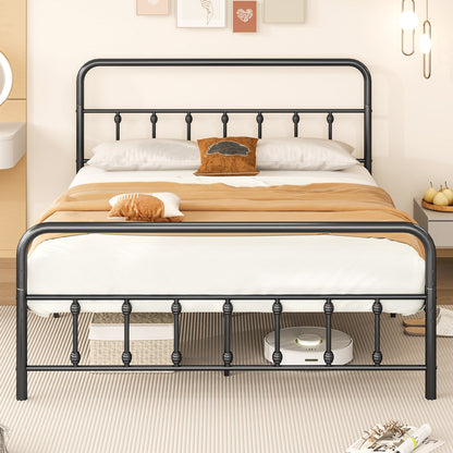 Victorian Style Metal Bed Frame with Headboard and 12.5" Underbed Storage – Queen Size