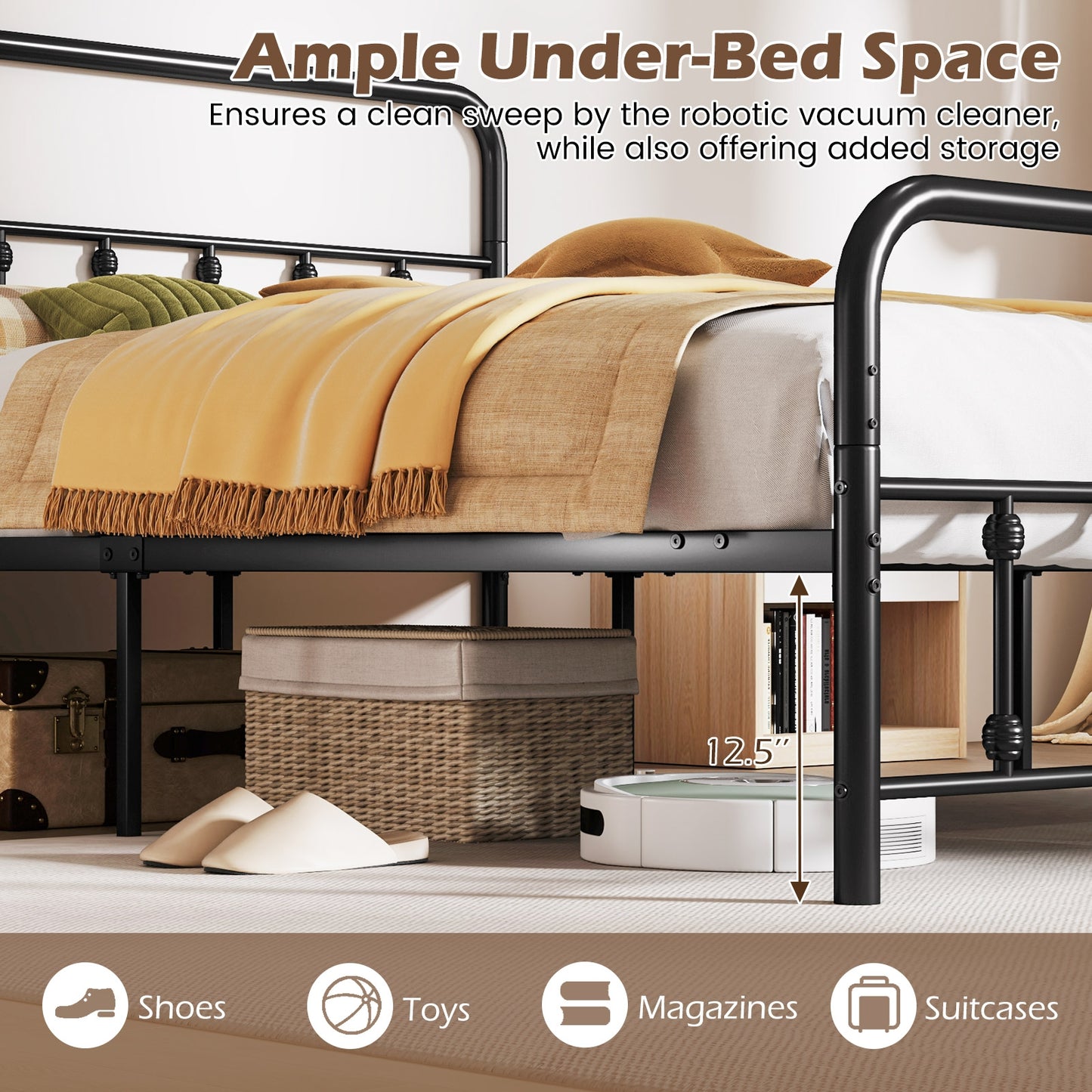 Victorian Style Metal Bed Frame with Headboard and 12.5" Underbed Storage – Queen Size