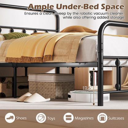 Victorian Style Metal Bed Frame with Headboard and 12.5" Underbed Storage – Queen Size
