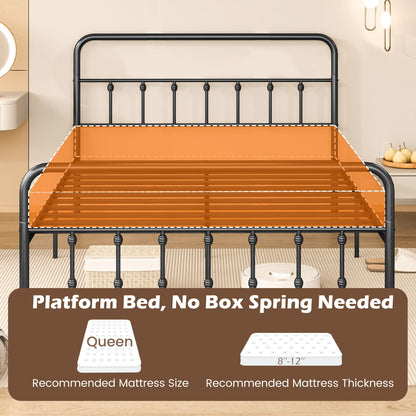 Victorian Style Metal Bed Frame with Headboard and 12.5" Underbed Storage – Queen Size