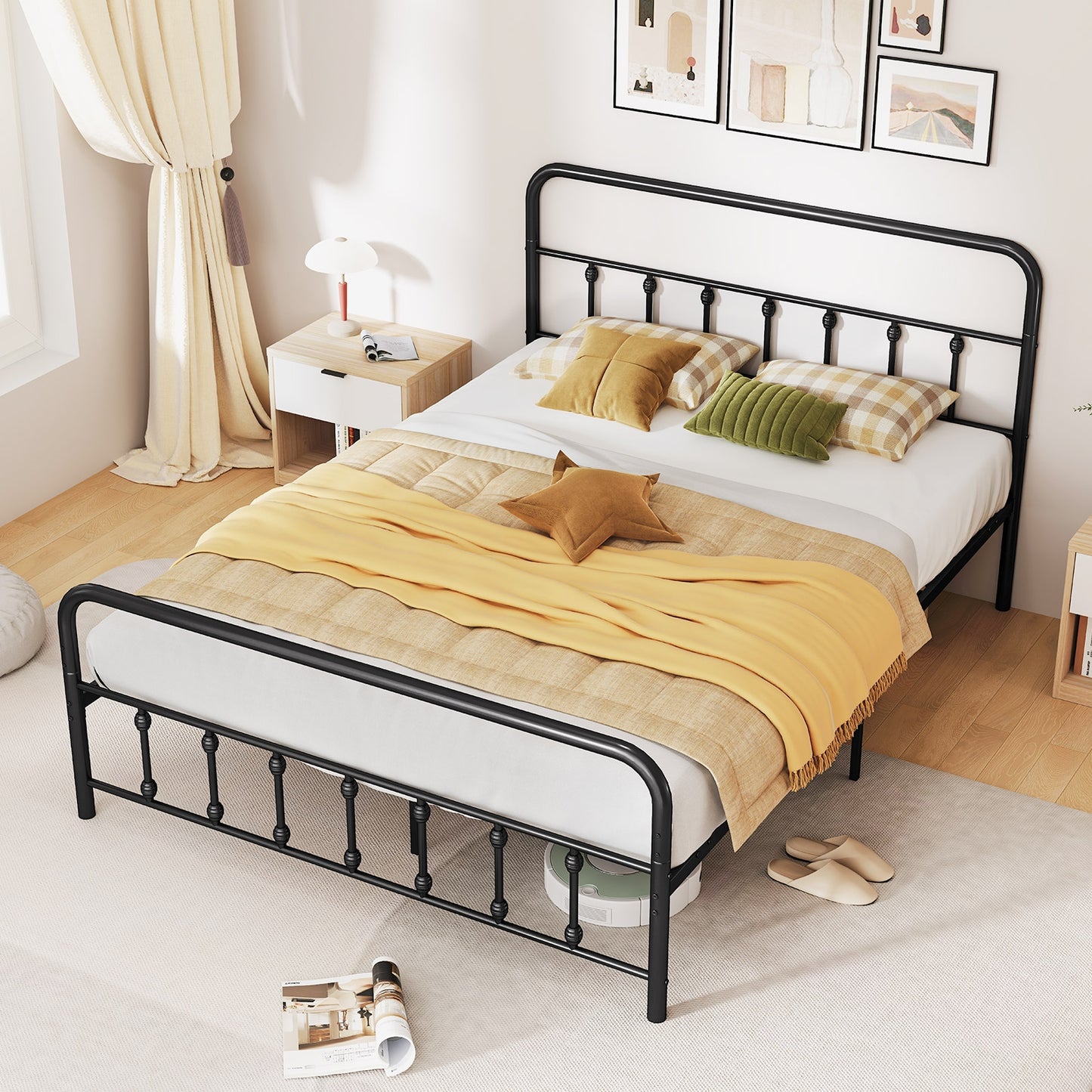 Victorian Style Metal Bed Frame with Headboard and 12.5" Underbed Storage – Queen Size