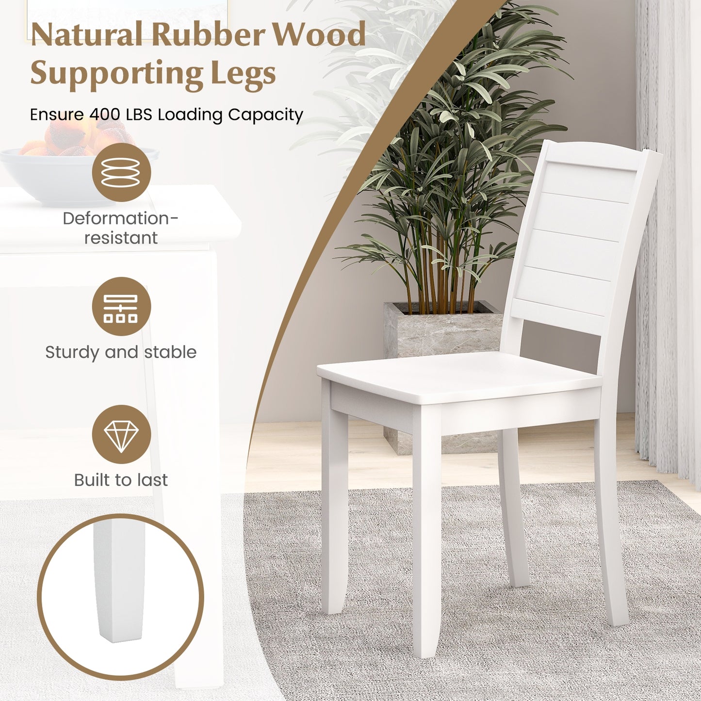 Set of 2 Modern Wood Dining Chairs Armless with Rubber Wood Legs – White