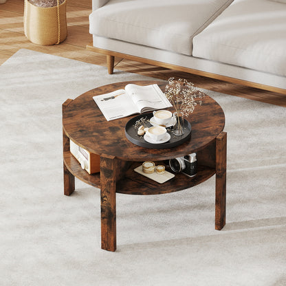 Round Coffee Table with Storage Shelves for Small Spaces - Rustic Brown