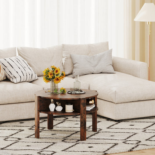 Round Coffee Table with Storage Shelves for Small Spaces - Rustic Brown