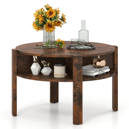 Round Coffee Table with Storage Shelves for Small Spaces - Rustic Brown