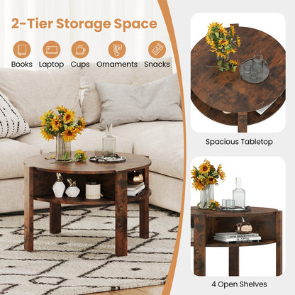 Round Coffee Table with Storage Shelves for Small Spaces - Rustic Brown