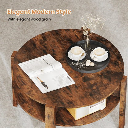 Round Coffee Table with Storage Shelves for Small Spaces - Rustic Brown