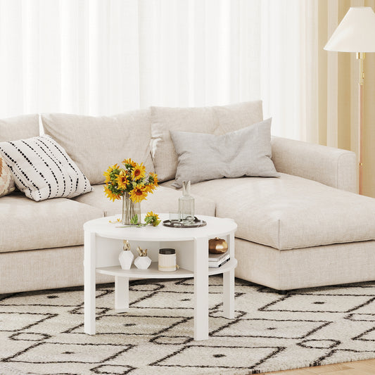 Round Coffee Table with Storage Shelves for Small Spaces - White