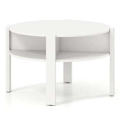 Round Coffee Table with Storage Shelves for Small Spaces - White