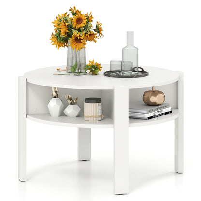 Round Coffee Table with Storage Shelves for Small Spaces - White