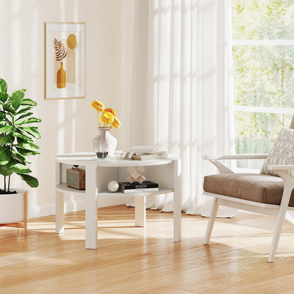 Round Coffee Table with Storage Shelves for Small Spaces - White