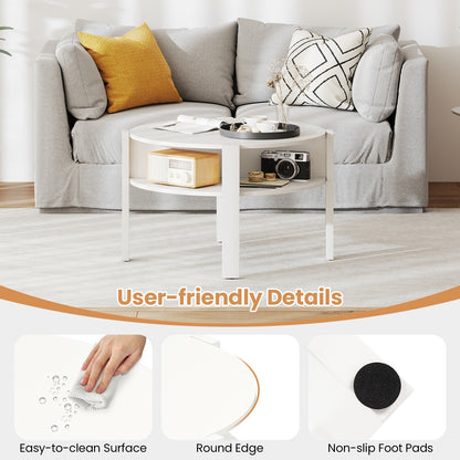 Round Coffee Table with Storage Shelves for Small Spaces - White