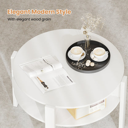 Round Coffee Table with Storage Shelves for Small Spaces - White