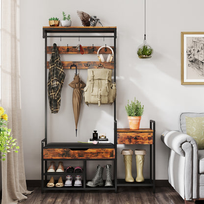 5-in-1 Hall Tree with Shoe Storage Bench and Freestanding Coat Rack 70 Inch