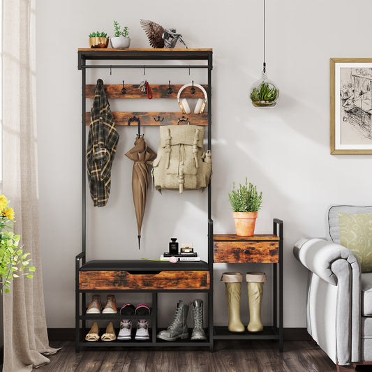 5-in-1 Hall Tree with Shoe Storage Bench and Freestanding Coat Rack 70 Inch