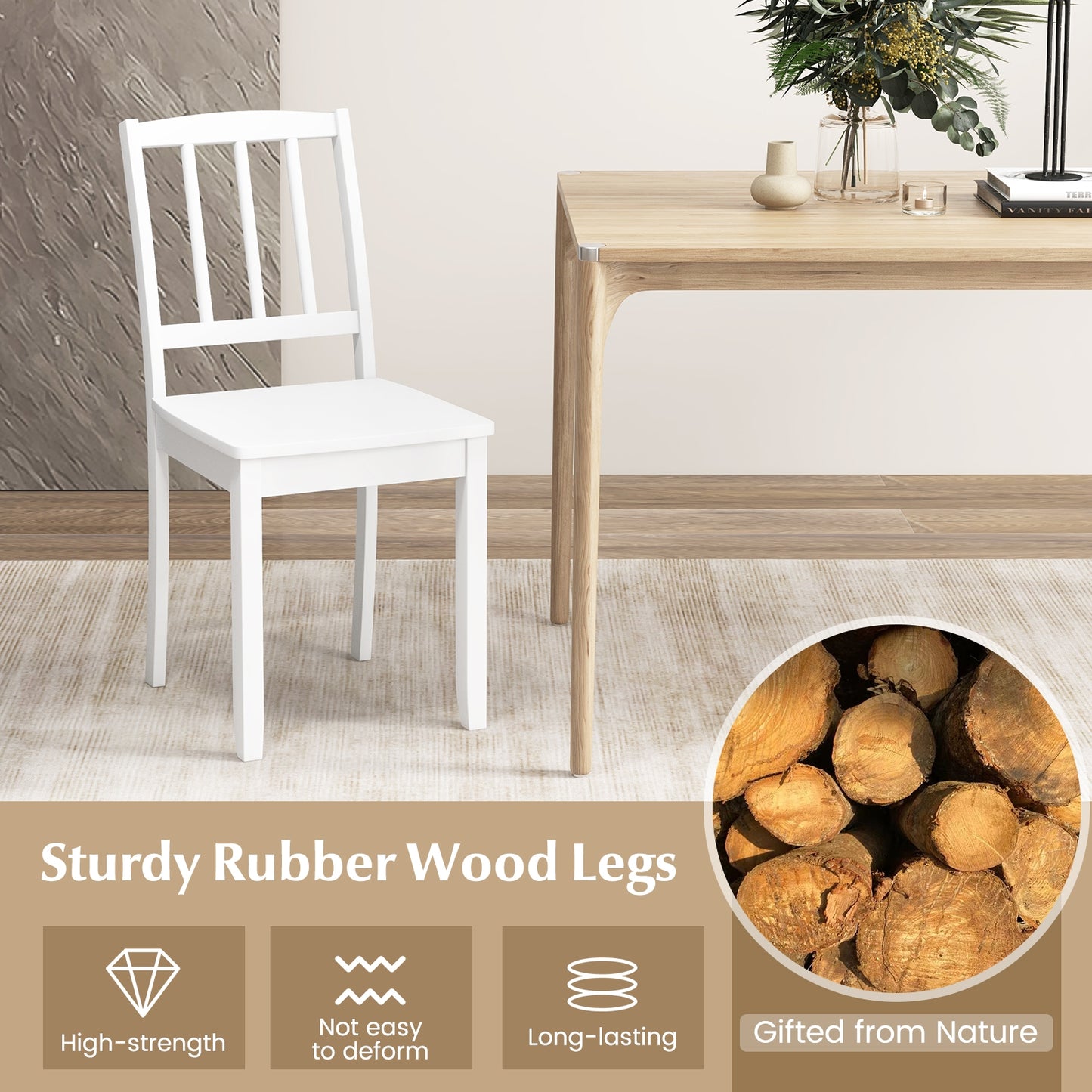Wooden Dining Chairs with Rubber Wood Legs and Curved Backrest - White, Set of 2