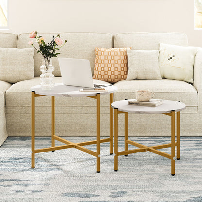 Nesting Round Coffee Table Set of 2 with Metal Base and Wood Top - White
