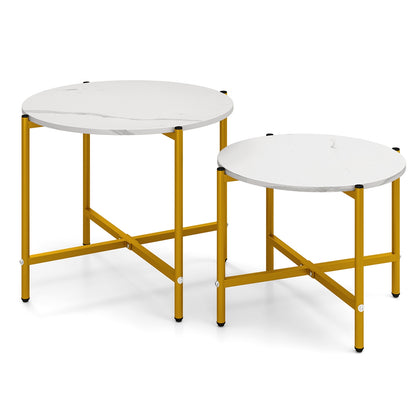 Nesting Round Coffee Table Set of 2 with Metal Base and Wood Top - White