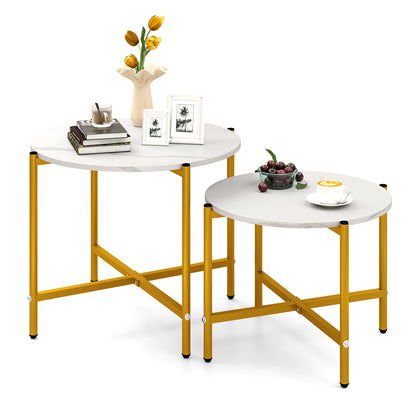 Nesting Round Coffee Table Set of 2 with Metal Base and Wood Top - White