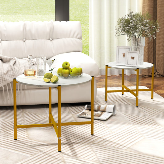 Nesting Round Coffee Table Set of 2 with Metal Base and Wood Top - White