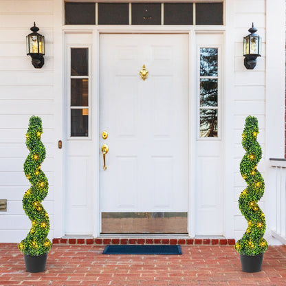 Set of 2 Pre-Lit Spiral Boxwood Topiary Trees with 100 LED Lights – Artificial Potted Greenery for Indoor & Outdoor Decor