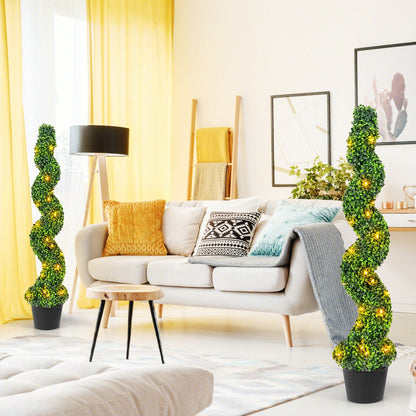 Set of 2 Pre-Lit Spiral Boxwood Topiary Trees with 100 LED Lights – Artificial Potted Greenery for Indoor & Outdoor Decor