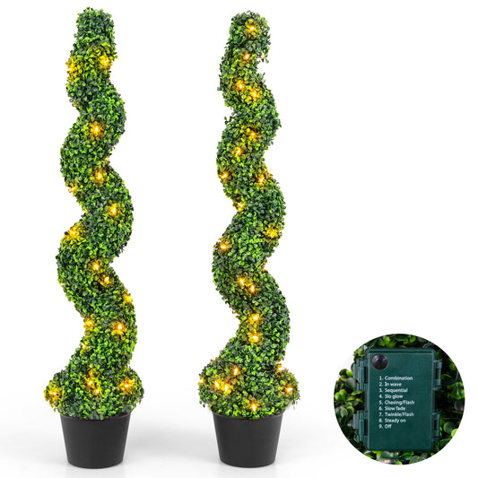 Set of 2 Pre-Lit Spiral Boxwood Topiary Trees with 100 LED Lights – Artificial Potted Greenery for Indoor & Outdoor Decor