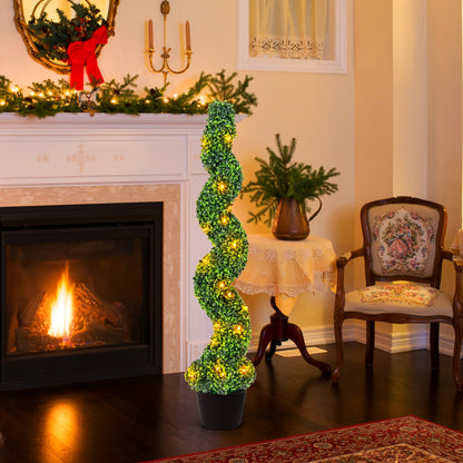 Set of 2 Pre-Lit Spiral Boxwood Topiary Trees with 100 LED Lights – Artificial Potted Greenery for Indoor & Outdoor Decor