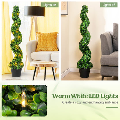 Set of 2 Pre-Lit Spiral Boxwood Topiary Trees with 100 LED Lights – Artificial Potted Greenery for Indoor & Outdoor Decor