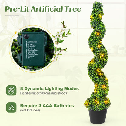 Set of 2 Pre-Lit Spiral Boxwood Topiary Trees with 100 LED Lights – Artificial Potted Greenery for Indoor & Outdoor Decor