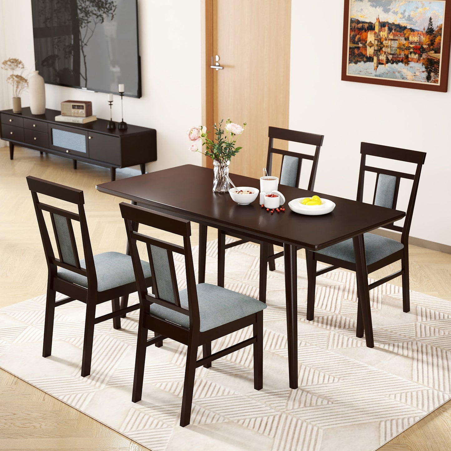 Elegant Linen Upholstered Wooden Dining Chairs with Rubber Wood Frame Set of 2