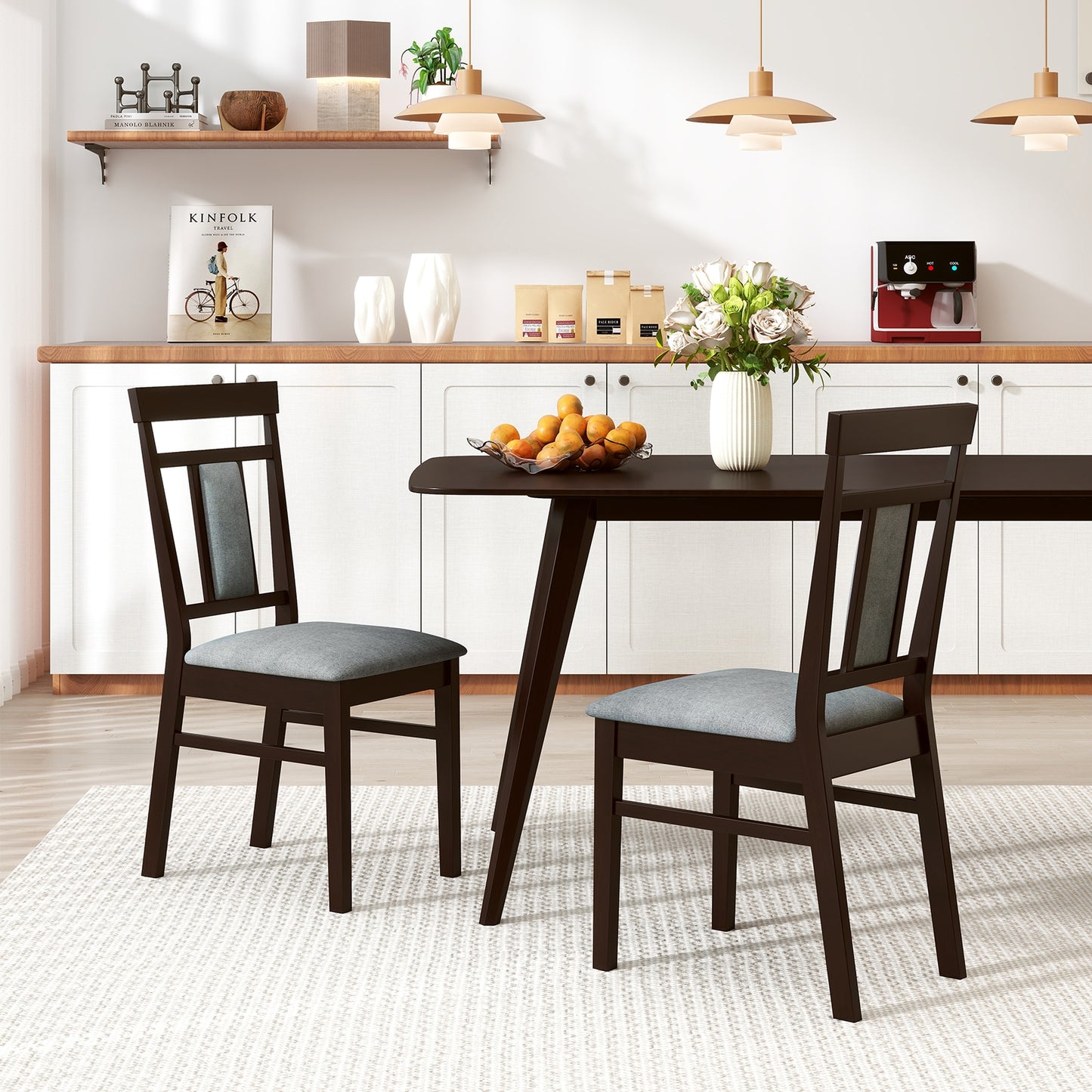 Elegant Linen Upholstered Wooden Dining Chairs with Rubber Wood Frame Set of 2