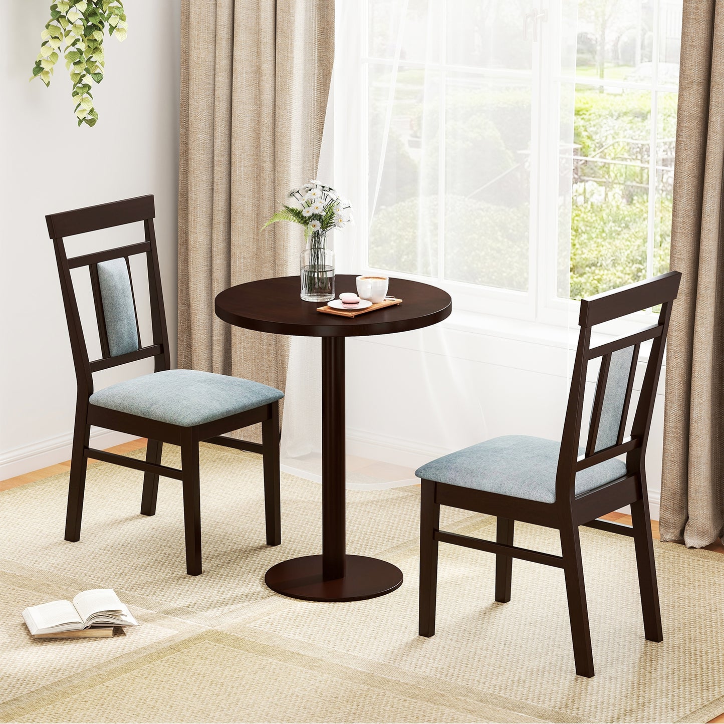 Elegant Linen Upholstered Wooden Dining Chairs with Rubber Wood Frame Set of 2