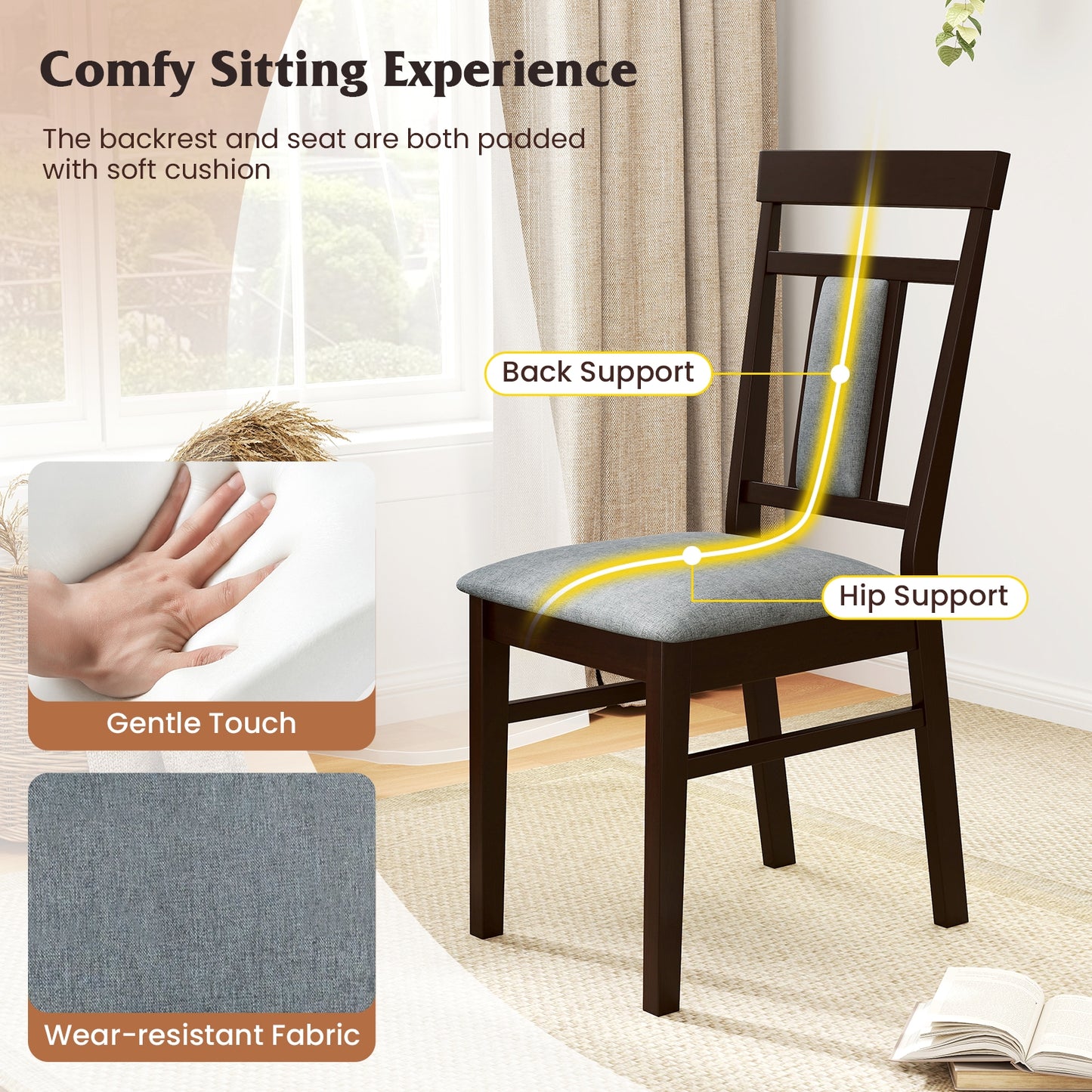 Elegant Linen Upholstered Wooden Dining Chairs with Rubber Wood Frame Set of 2