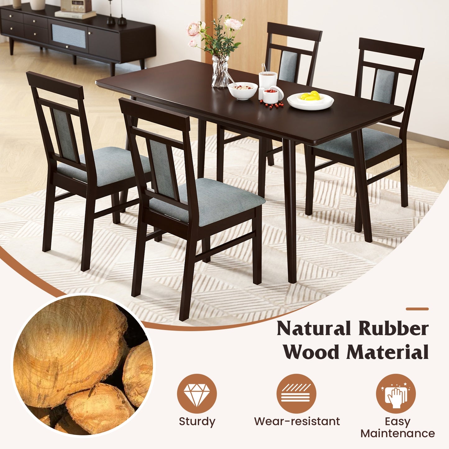 Elegant Linen Upholstered Wooden Dining Chairs with Rubber Wood Frame Set of 2