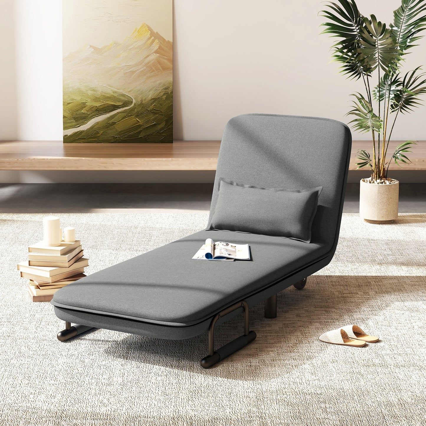 Modern 3 in 1 Sofa Chair Lounger Bed with Adjustable Backrest and Support Pillow in Grey