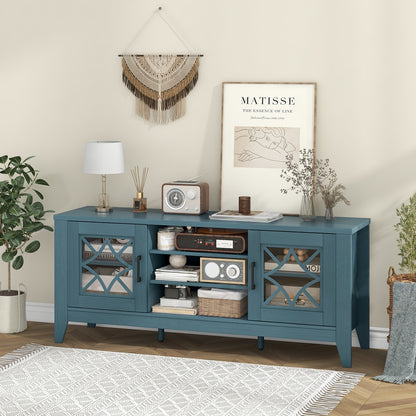 Farmhouse TV Console with Glass Doors and Adjustable Shelves for TVs up to 65 Inches in Teal Blue