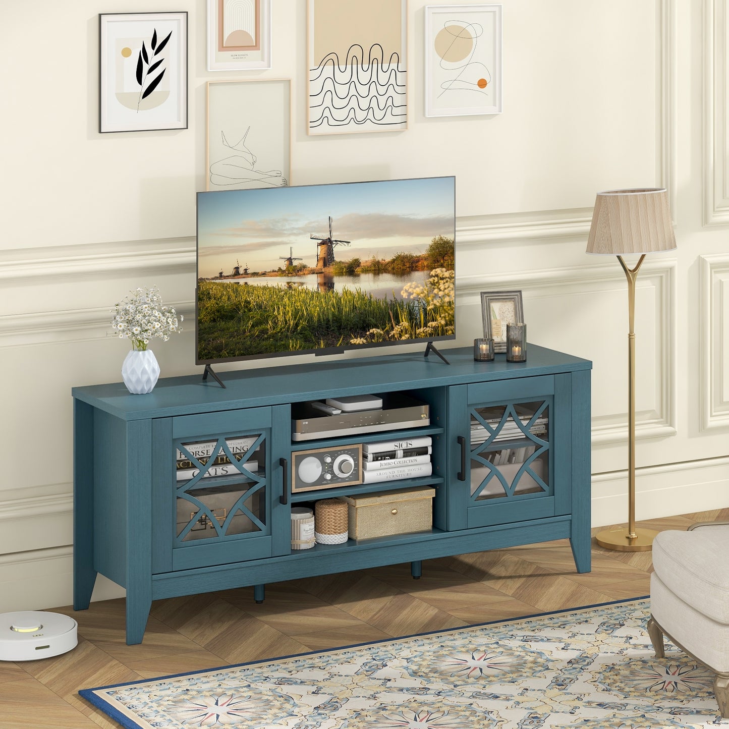 Farmhouse TV Console with Glass Doors and Adjustable Shelves for TVs up to 65 Inches in Teal Blue