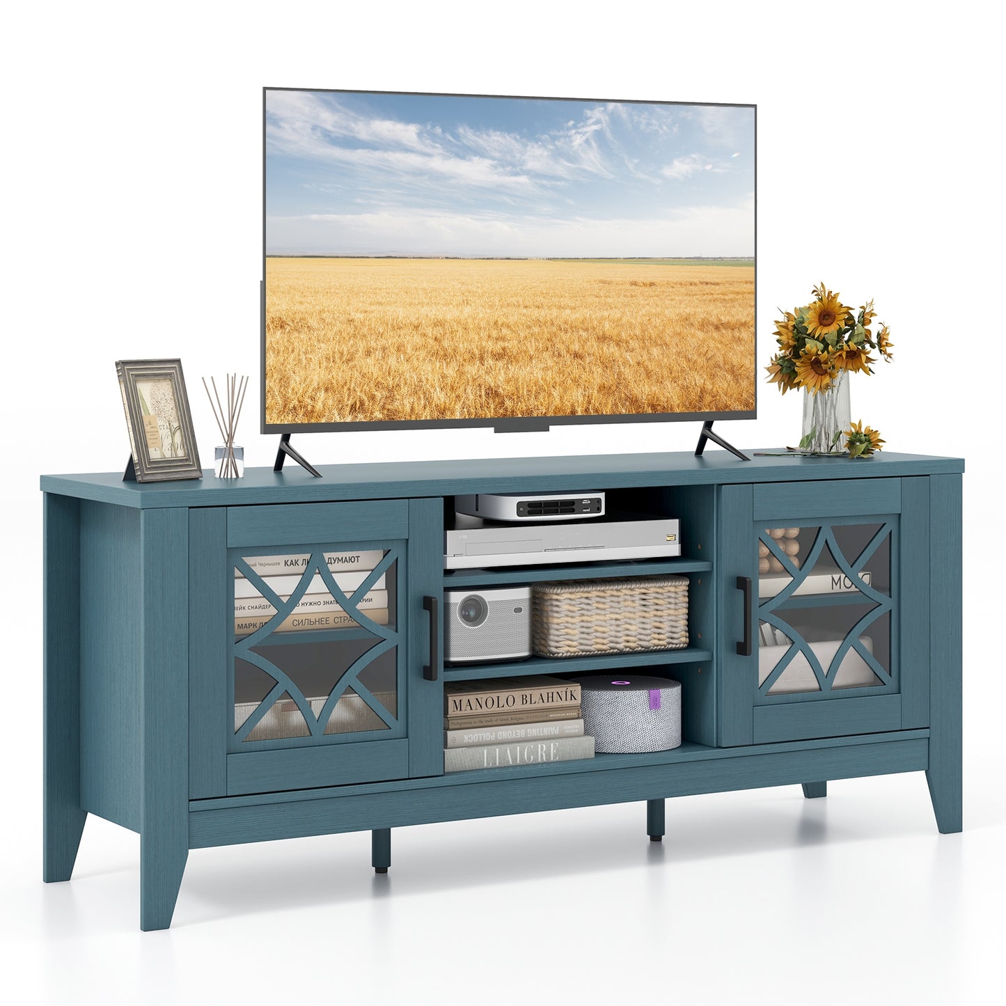 Farmhouse TV Console with Glass Doors and Adjustable Shelves for TVs up to 65 Inches in Teal Blue