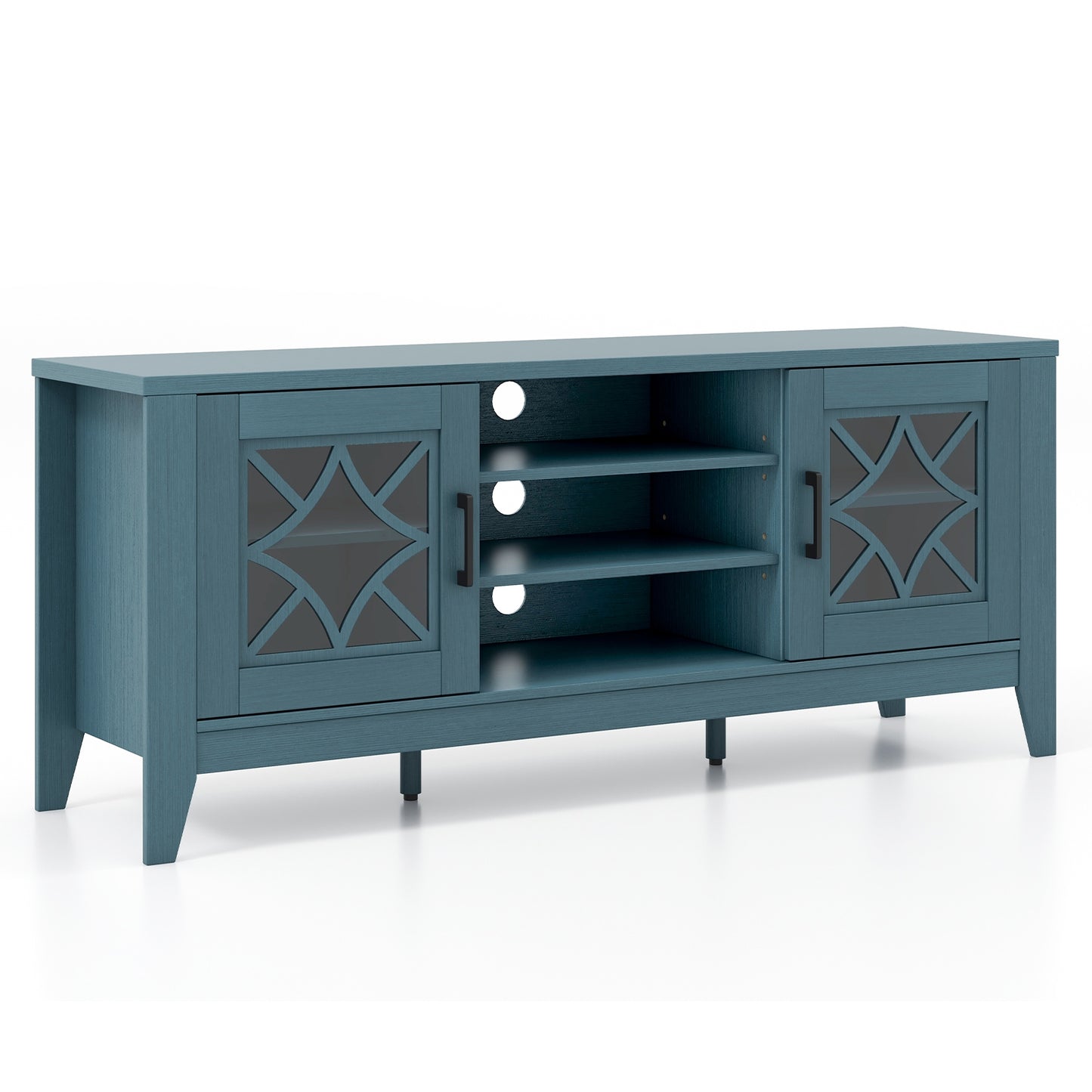 Farmhouse TV Console with Glass Doors and Adjustable Shelves for TVs up to 65 Inches in Teal Blue