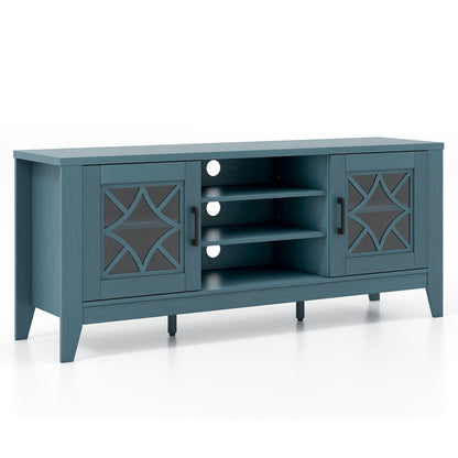 Farmhouse TV Console with Glass Doors and Adjustable Shelves for TVs up to 65 Inches in Teal Blue
