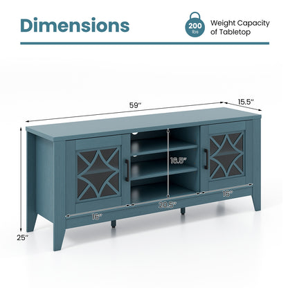 Farmhouse TV Console with Glass Doors and Adjustable Shelves for TVs up to 65 Inches in Teal Blue