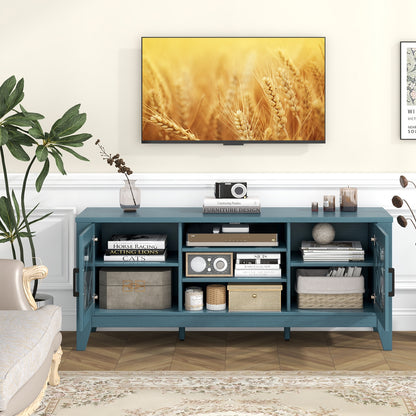Farmhouse TV Console with Glass Doors and Adjustable Shelves for TVs up to 65 Inches in Teal Blue