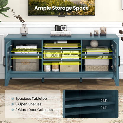 Farmhouse TV Console with Glass Doors and Adjustable Shelves for TVs up to 65 Inches in Teal Blue